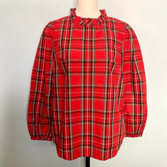 NWT J. Crew Long-Sleeve Ruffleneck Top in Red Stewart Tartan Size Small - Picture 2 of 9
